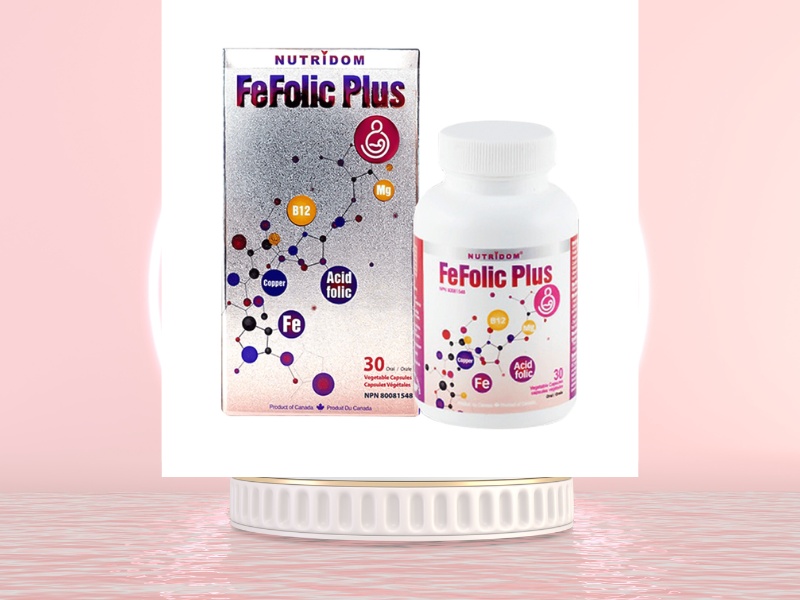 Viên uống David Health Nutridom Fefolic Plus bổ sung cho cơ thể hàm lượng cao sắt cùng acid folic, vitamin B12, đồng, vitamin C, chất xơ,...